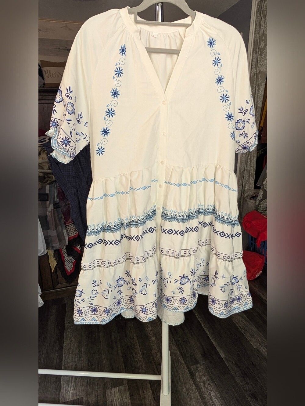 Ladies White Dress with Blue Floral Greek Inspired Print